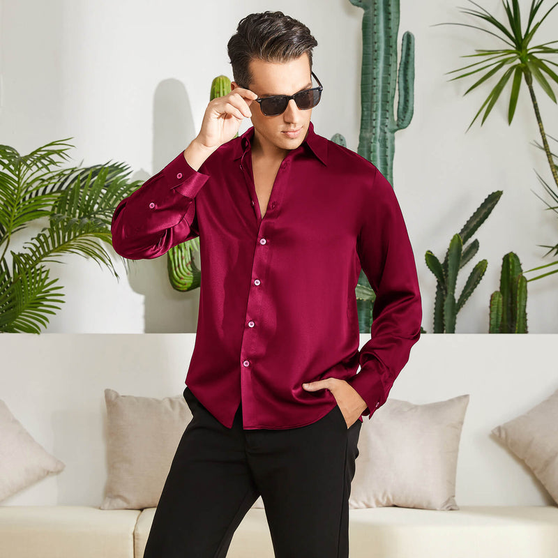 red satin dress shirt mens Satin Long Sleeve Dress Shirt