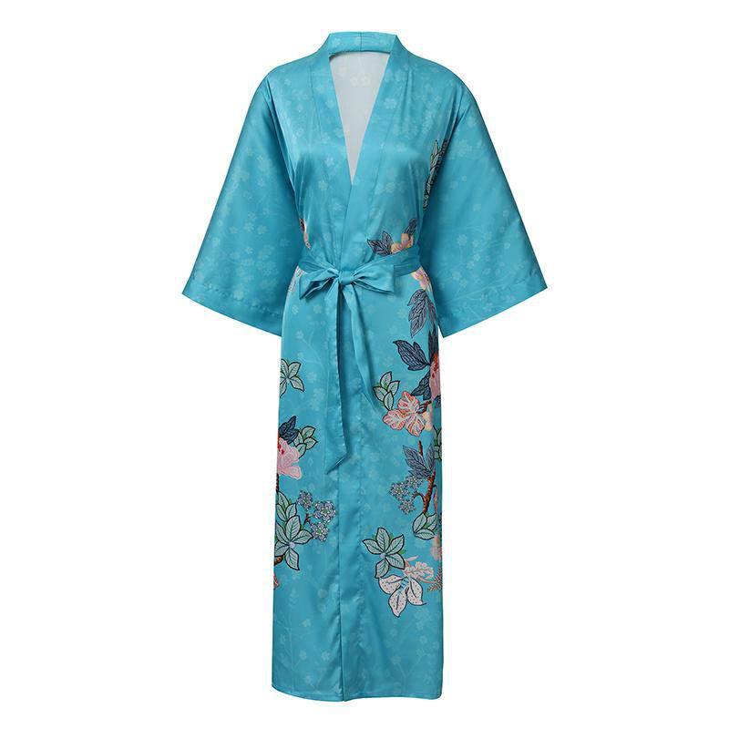 Luxury Long Silk Kimono Robe Hand Painted Cherry Blossom and Leaves - slipintosoft