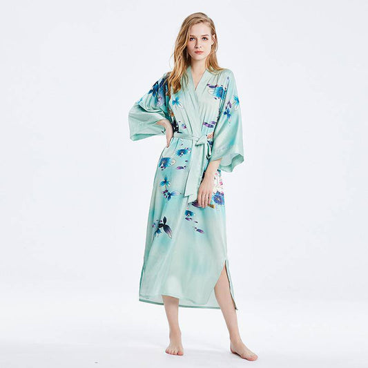 Women's Long Lotus Prints 100% Mulberry Silk Kimono Robe