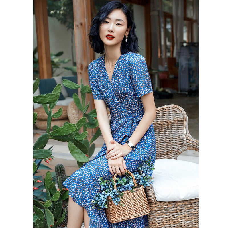 summer silk dresses Floral Wrap Midi Dress Short Sleeve Side Tie Ladies Chic Dresses, Blue / S Marques Almeida Black Denim length dress features a SPLIT Size:M (women)