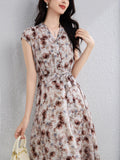 100% Silk Floral Dress for Women V Neck Belted Silk Midi Dress Summer Dress Ivory XS