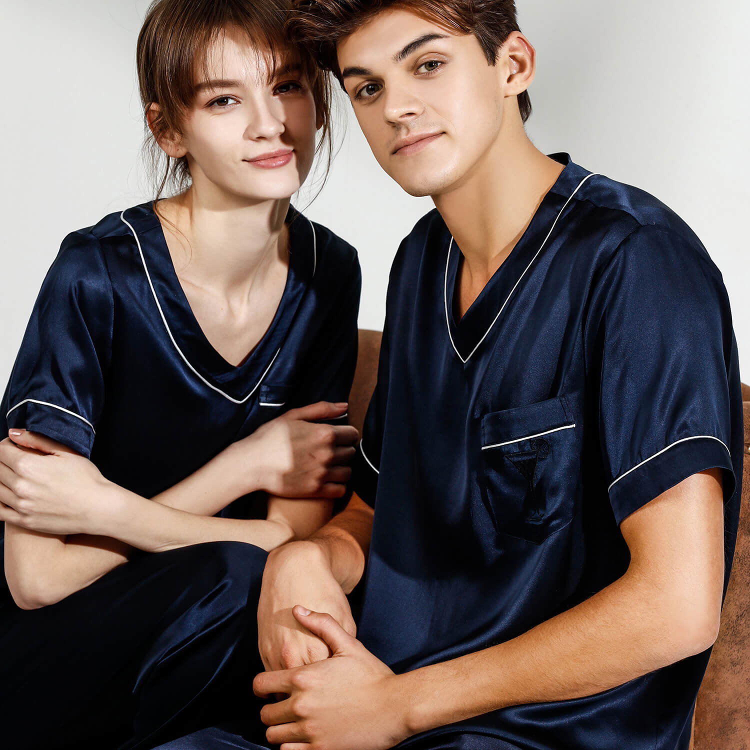 Short Sleeves Couple Silk Pajamas Sets Silk Matching Pajamas for Women and Men