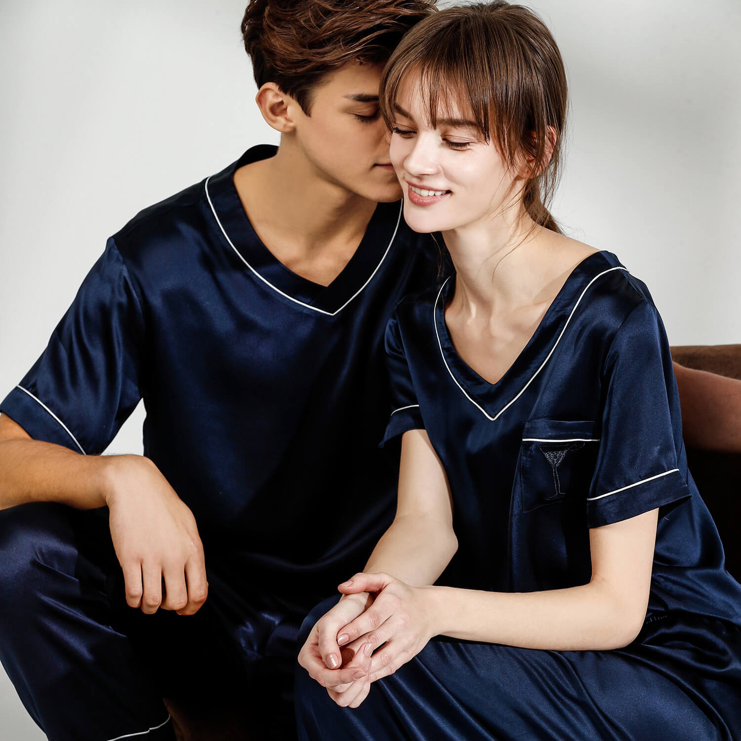Short Sleeves Couple Silk Pajamas Sets Silk Matching Pajamas for Women and Men