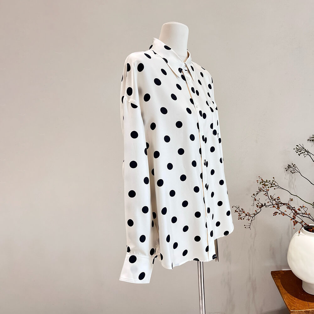 Womens Long Sleeve Silk Shirt Polka Dot Button-Up Silk Blouse