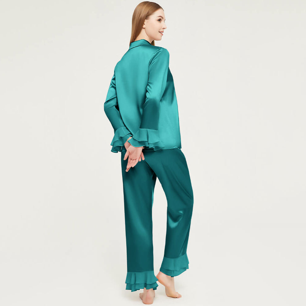 Womens Long Silk Pajamas Set ruffled Luxury  Silk Sleepwear