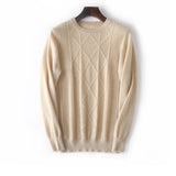 Mens Diamond Knit Pure Cashmere Sweater Crew Neck Tops Ribbed Hem