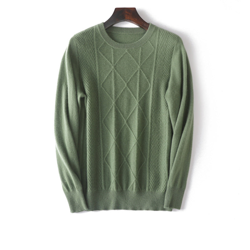Mens Diamond Knit Pure Cashmere Sweater Crew Neck Tops Ribbed Hem