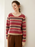 Womens Fair Isle Cashmere Knit Sweater Crew Neck Cashmere Pullover