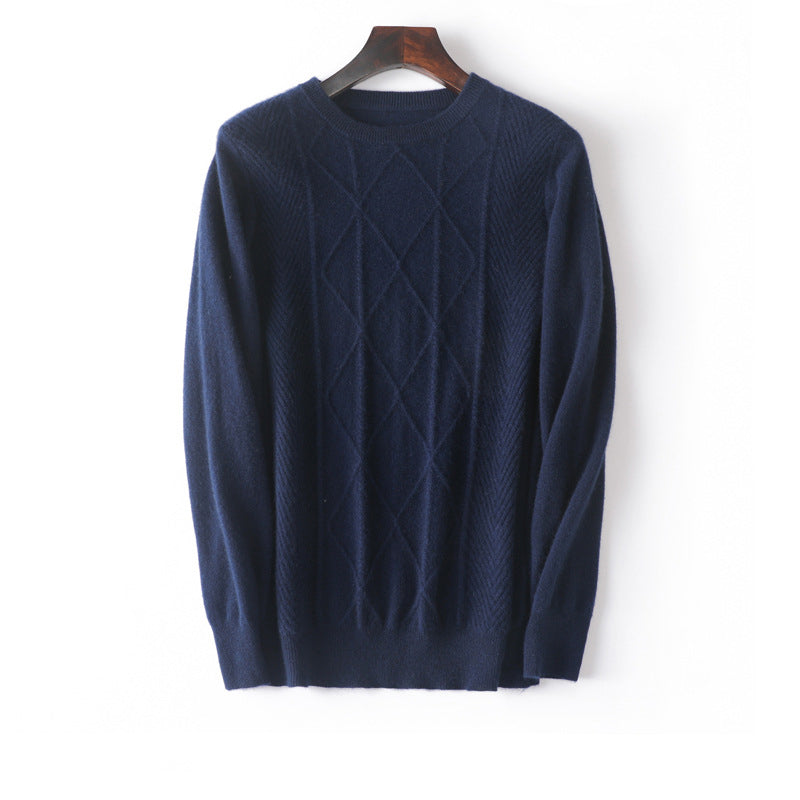 Mens Diamond Knit Pure Cashmere Sweater Crew Neck Tops Ribbed Hem