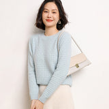 Womens Crew Neck Pure Cashmere Sweater Textured Long Sleeve Cashmere Knit Pullover
