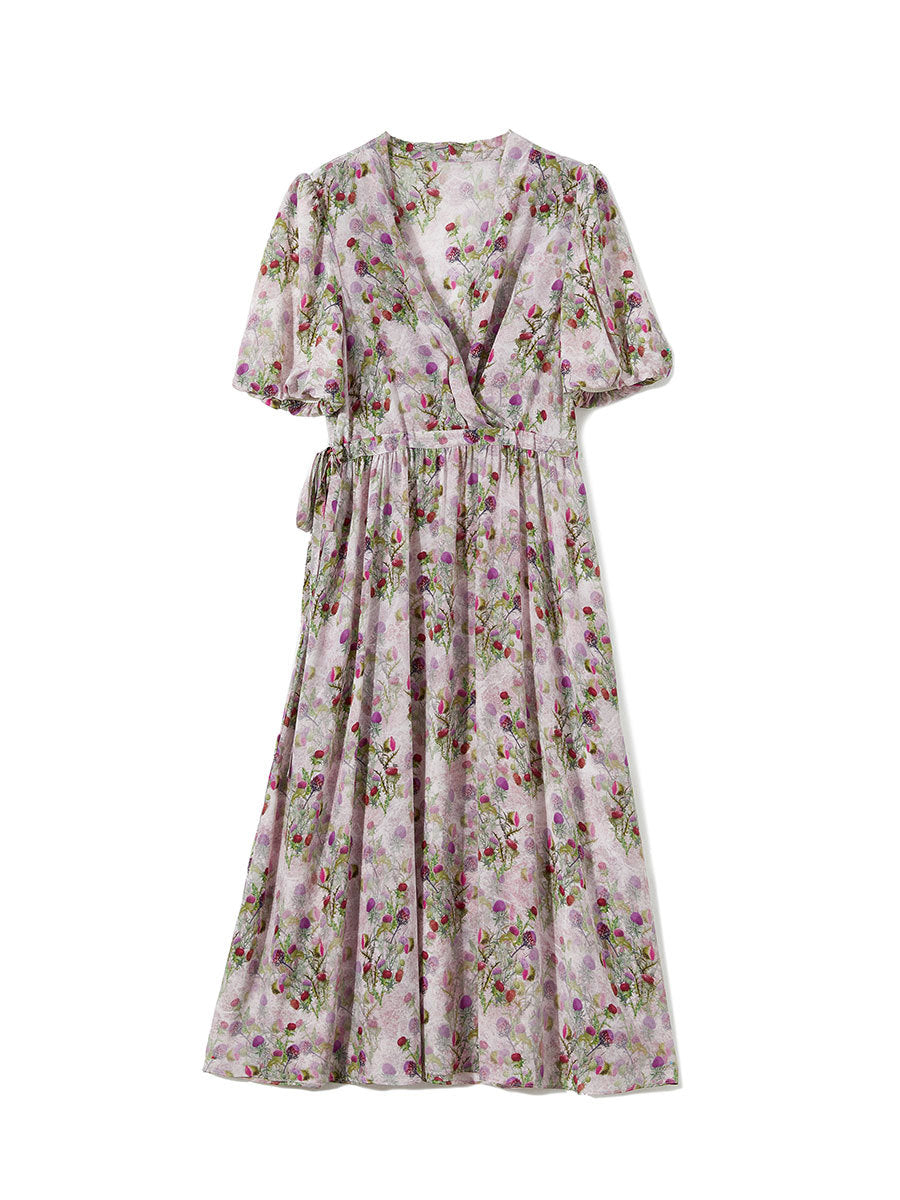 Womens Silk Floral Wrap Midi Dress Puff Sleeve Pleated Waist Silk Dress