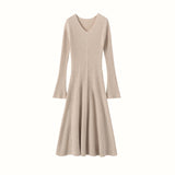Womens Ribbed V-Neck Cashmere Midi Dress with Flared Sleeves