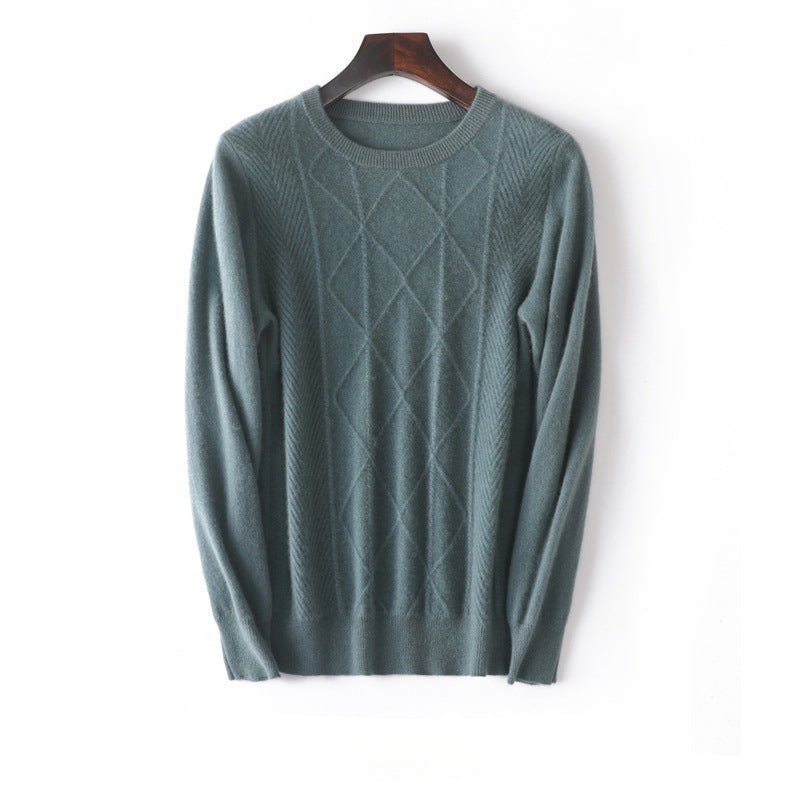 Mens Diamond Knit Pure Cashmere Sweater Crew Neck Tops Ribbed Hem