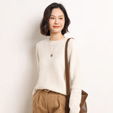 Womens Crew Neck Pure Cashmere Sweater Textured Long Sleeve Cashmere Knit Pullover