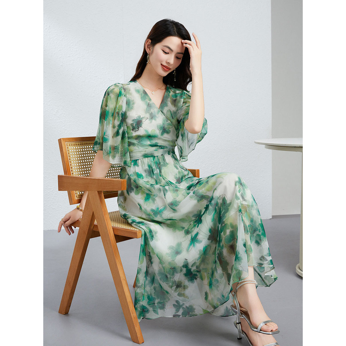 Womens Green Silk Chiffon Dress Silk Maxi Dress Silk Floral Dress
