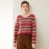 Womens Fair Isle Cashmere Knit Sweater Crew Neck Cashmere Pullover