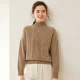 Womens Diamond Knit Cashmere Sweater Turtleneck Cashmere Pullover