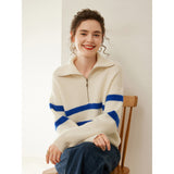 Womens Striped Cashmere Sweater Polo Collar Half-Zip Cashmere Pullover