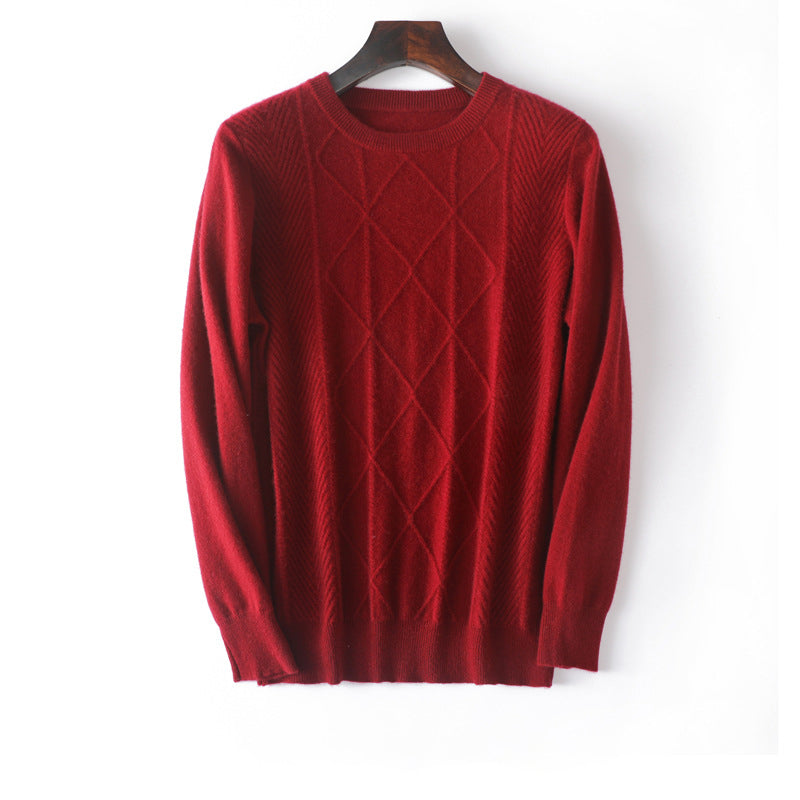 Mens Diamond Knit Pure Cashmere Sweater Crew Neck Tops Ribbed Hem