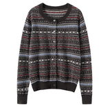 Womens Fair Isle Pure Cashmere Cardigan Crew Neck Button Up Cashmere Sweater
