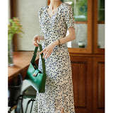 Womens Silk Floral Dress Silk Midi Dress V Neck Ruched Summer Dress