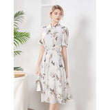 Womens Silk Midi Dress Belted Waist Bamboo Leaf Printed Silk Dresses