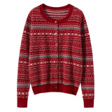 Womens Fair Isle Pure Cashmere Cardigan Crew Neck Button Up Cashmere Sweater