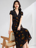 Womens Floral Print Silk Midi Dress V Neck Lace Trim A Line Silk Dress