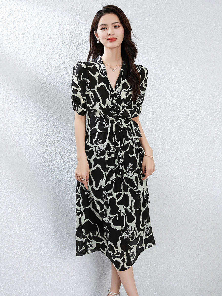 Abstract Print Silk Wrap Dress for Women Silk Midi Dress V Neck Short Sleeve Dress Black XS