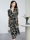 Abstract Print Silk Wrap Dress for Women Silk Midi Dress V Neck Short Sleeve Dress Black XS