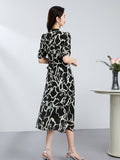 Abstract Print Silk Wrap Dress for Women Silk Midi Dress V Neck Short Sleeve Dress Black XS