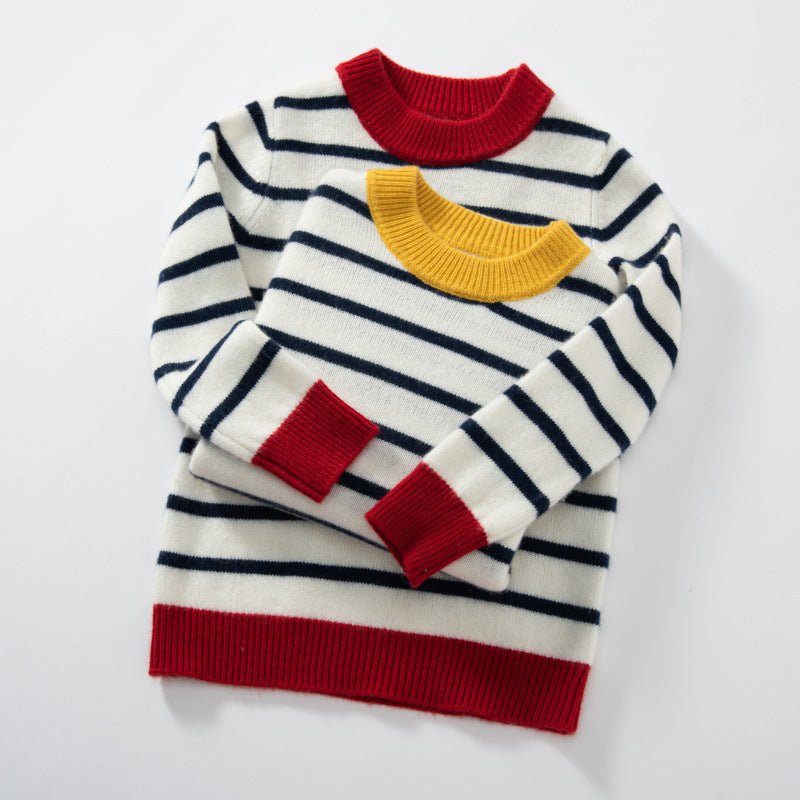 Contrast Ribbed Trim Crew Neck Cashmere Sweater Kids Striped Pullover