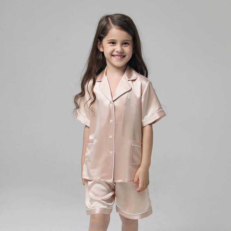 19 Momme Girls' Silk Pajamas Set with Trimming Kids Cute Silk Night Wear Shorts set -  slipintosoft