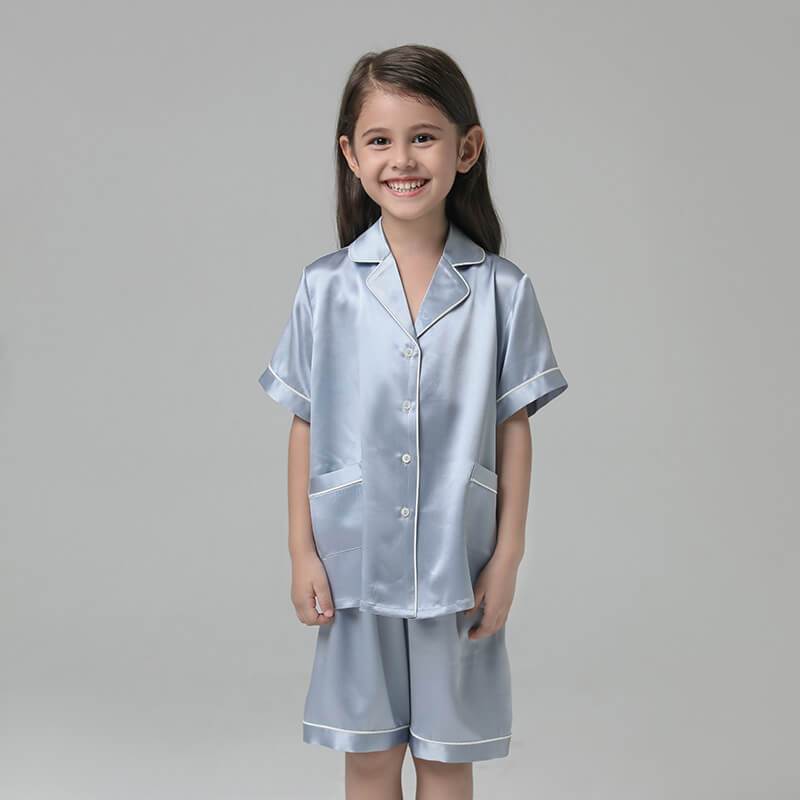 19 Momme Girls' Silk Pajamas Set with Trimming Kids Cute Silk Night Wear Shorts set -  slipintosoft