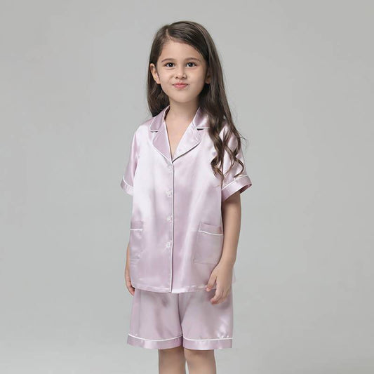 19 Momme Girls' Silk Pajamas Set with Trimming Kids Cute Silk Night Wear Shorts set -  slipintosoft