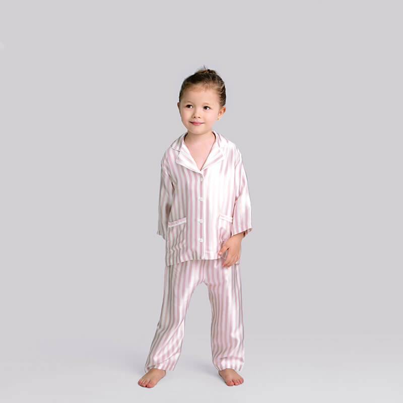 19 Momme Boys and Girls Long Silk Pajamas Set Toddler/Kids' Striped Nighties 2 Colors -  slipintosoft