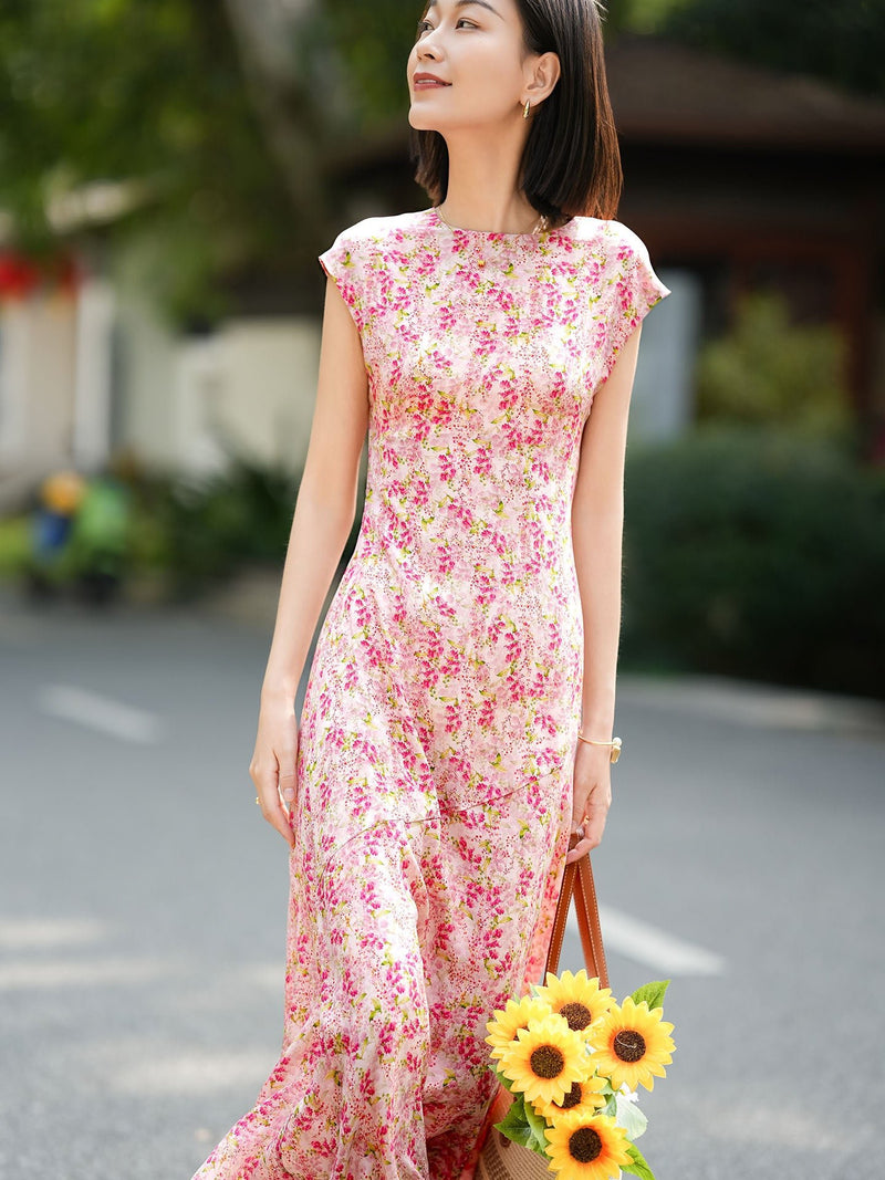 womens silk maxi dress Cap Sleeve Summer Silk Dress Silk Floral Dress Pink / S Color:Pink/Red Print Your go-to little black A clean round neckline Style:CM6080JK06
