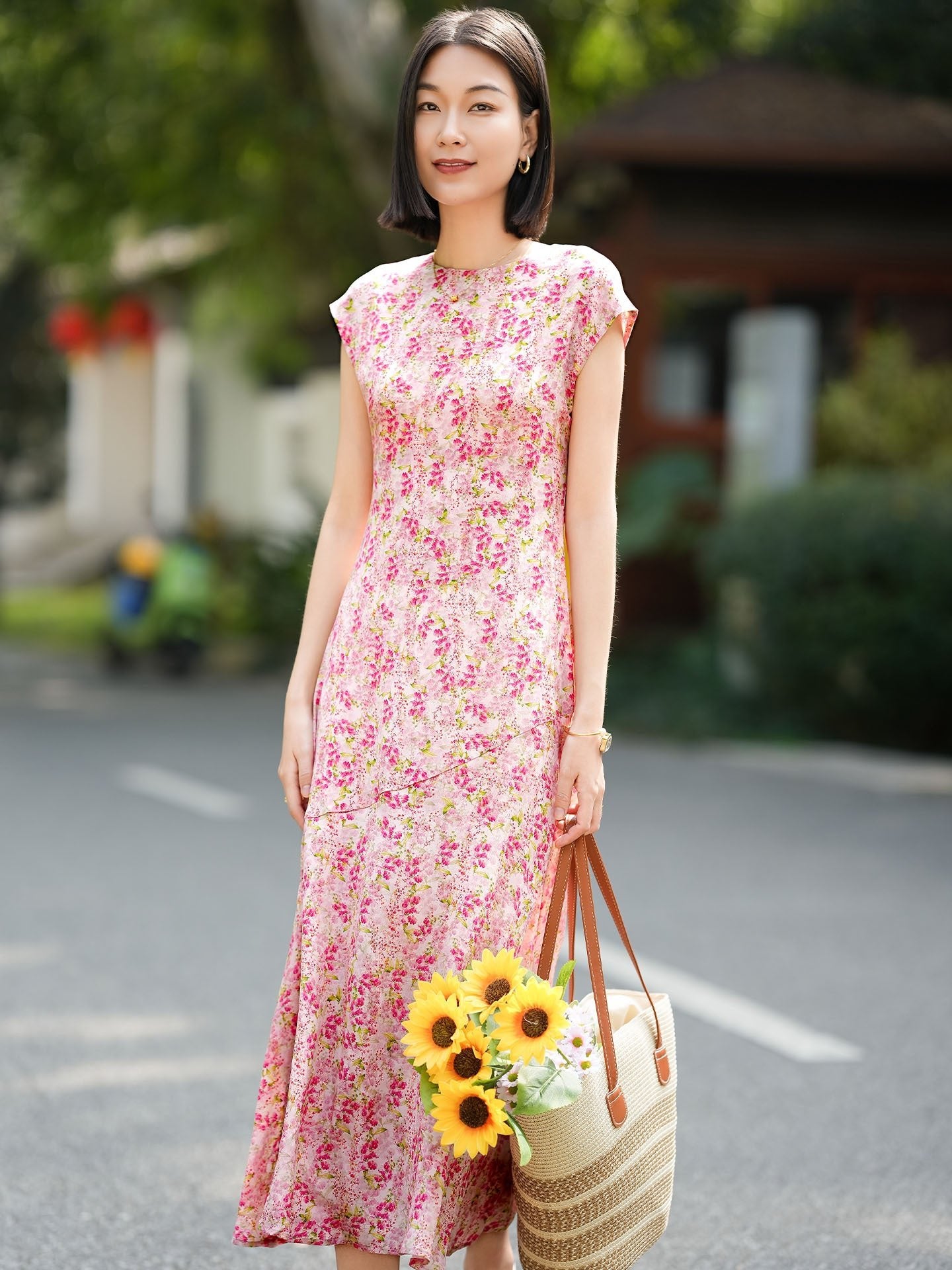 Womens Cap Sleeve Silk Summer Dress Silk Maxi Dress Silk Floral Dress Pink / S