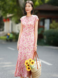 Cap Sleeve Silk Summer Dress Silk Maxi Dress for Women Long Silk Floral Dress Pink XS