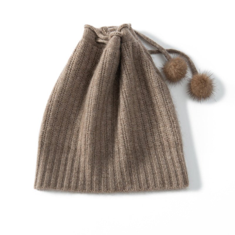 Cashmere Pom - Pom Beanie Hat With Drawstring Closure Thick Ribbing Hats