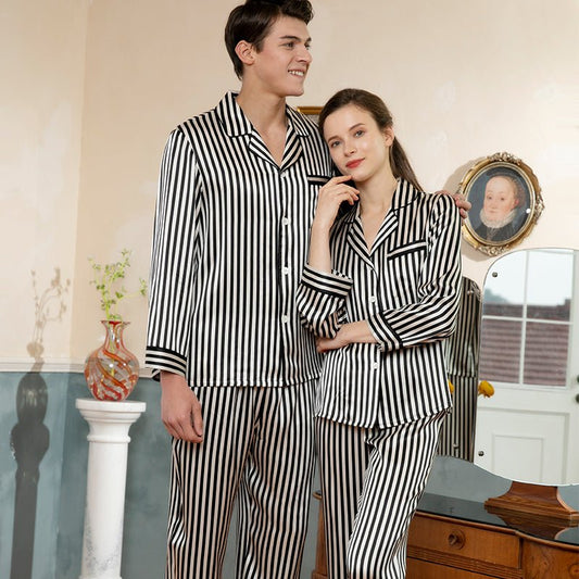 Couples Silk Matching Pajamas Sets Long Striped Couples silk sleepwear