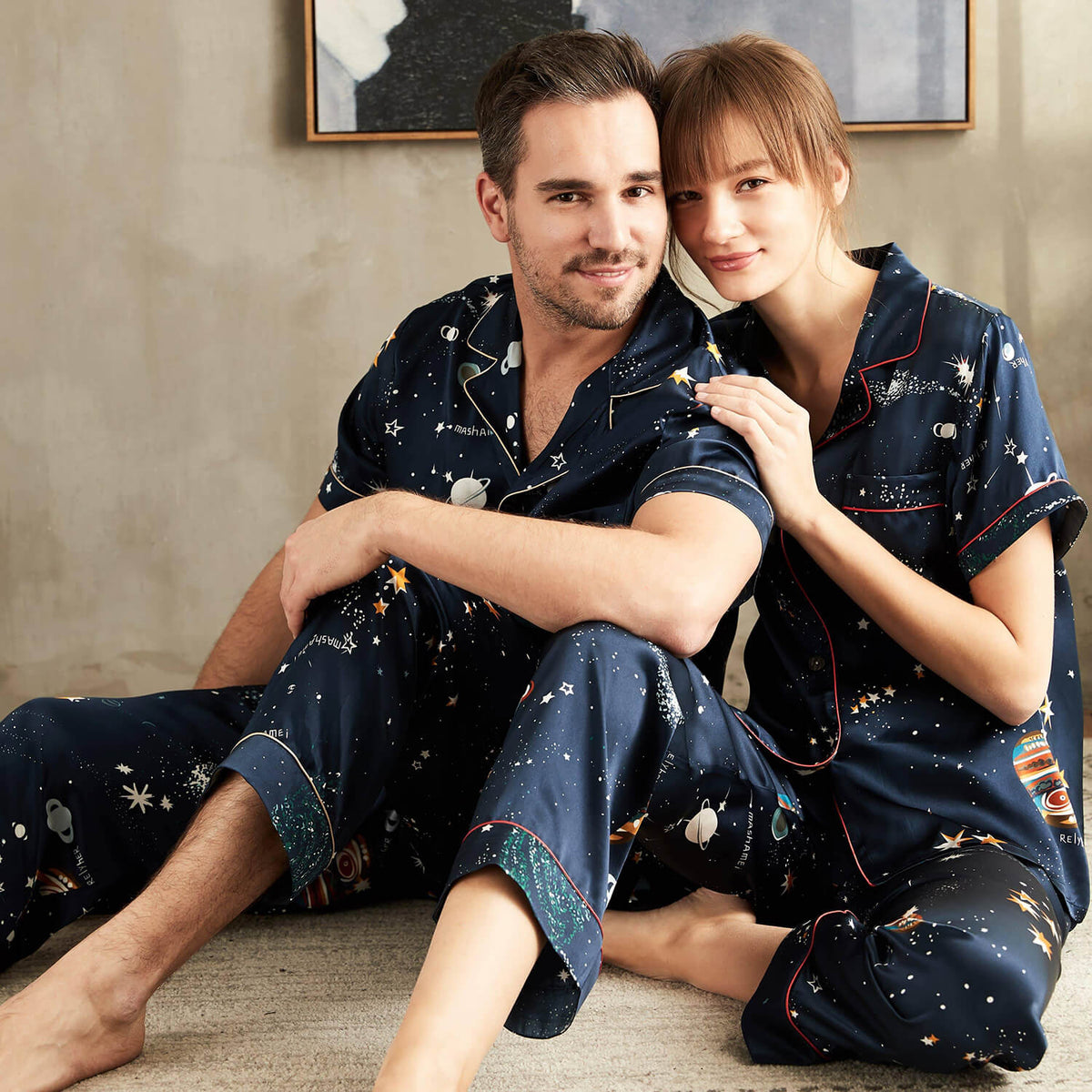 Silk Matching Pajamas Set Universe Printed Couples Silk Pajamas