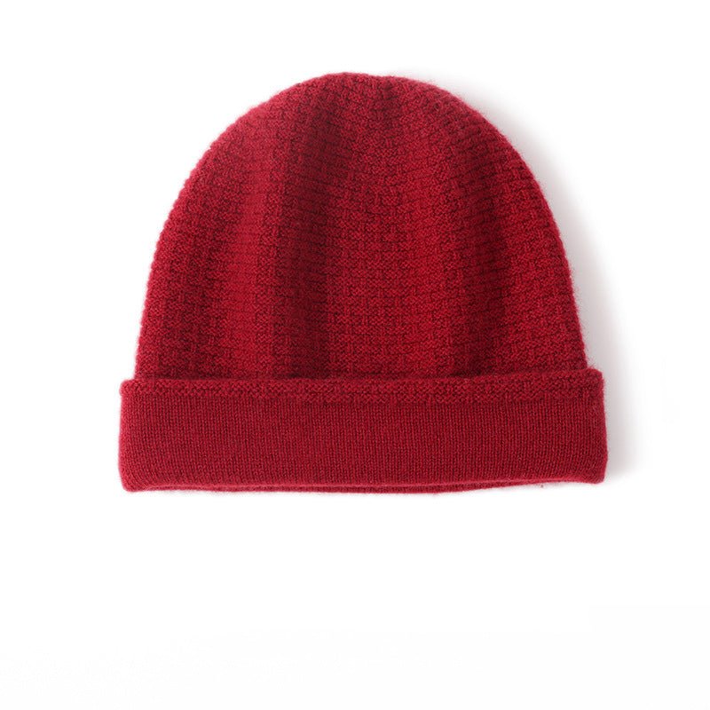 Double Layer Waffle - knit Pure Cashmere Beanie Folded Cuff Cashmere Winter Hat