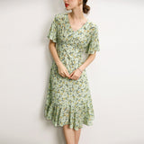 Elegant Floral Print  Women's Silk Dress Pure 100% Pure Mulberry Silk Dresses