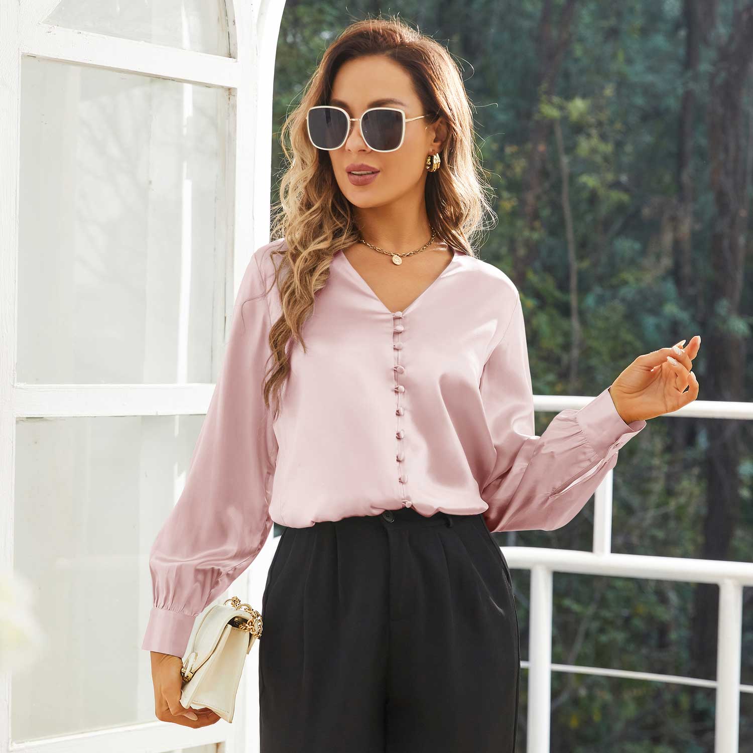 ZAFUL Womens Blouses Dressy Casual Satin V Neck Long Sleeve Shirts