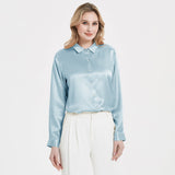 Elegant Womens Pearl Buckle Silk Blouse Silk Long Sleeves Shirt