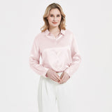 Elegant Womens Pearl Buckle Silk Blouse Silk Long Sleeves Shirt