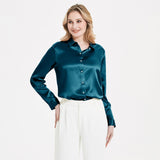 Elegant Womens Pearl Buckle Silk Blouse Silk Long Sleeves Shirt