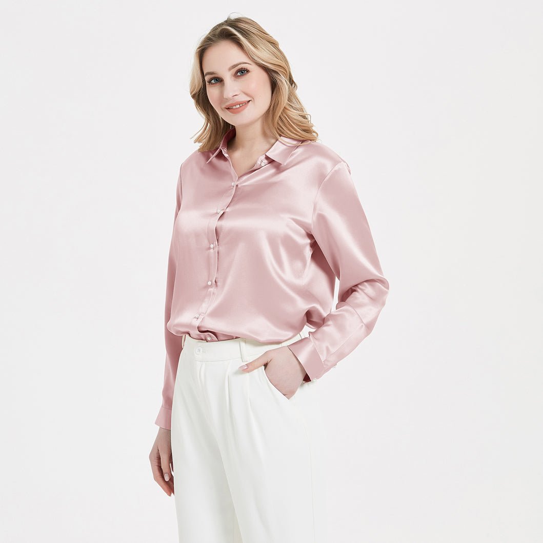 Elegant Womens Pearl Buckle Silk Blouse Silk Long Sleeves Shirt