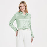 Elegant Womens Pearl Buckle Silk Blouse Silk Long Sleeves Shirt